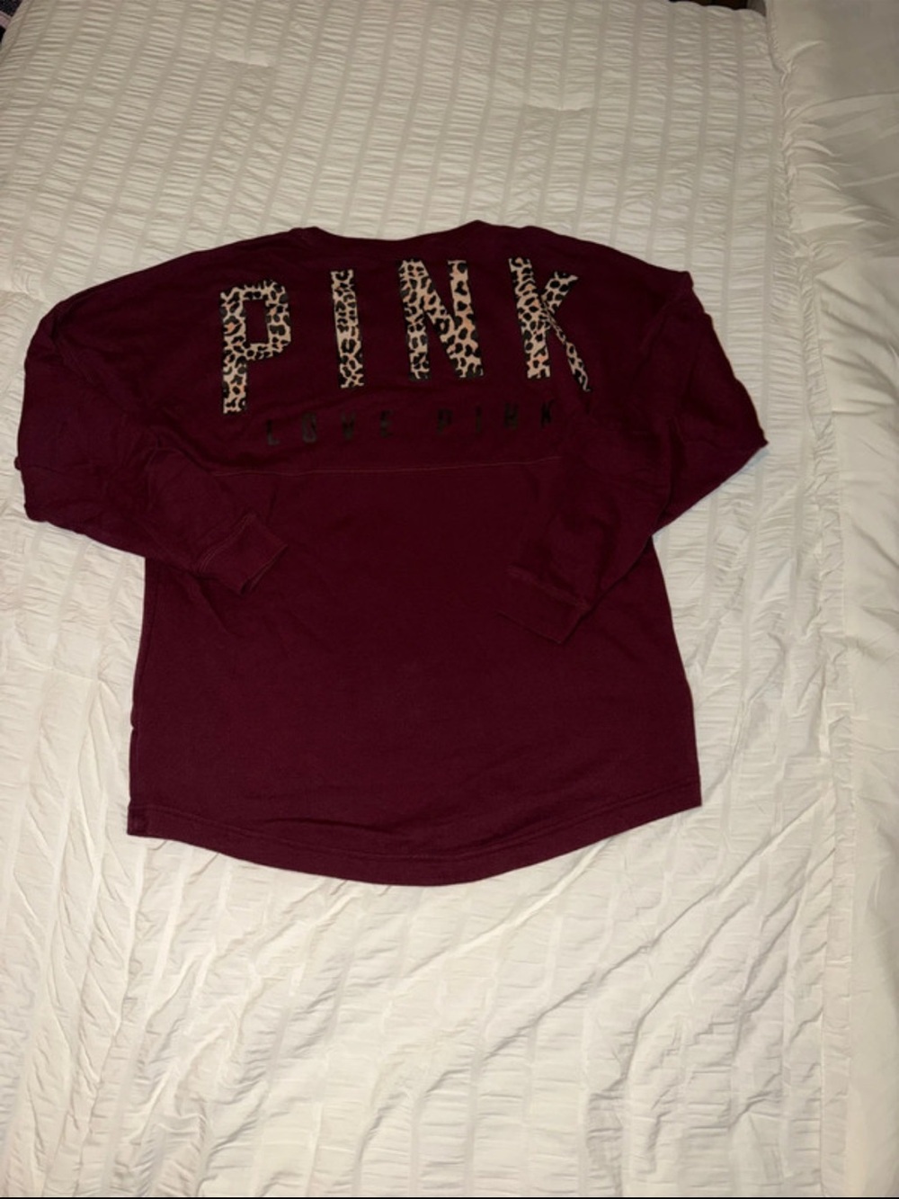 PINK Victoria's Secret Burgundy Varsity Crew with Leopard Logo